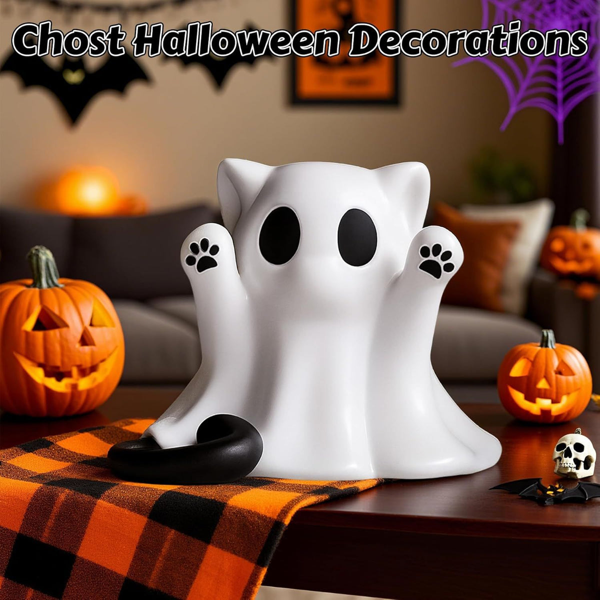 Doba Halloween Ghost Figurine, Spooky Resin Ghost Statue, Cute Ghost Halloween Decoration for Home and Office Desktop Decor Display Ornaments Cat Ghost