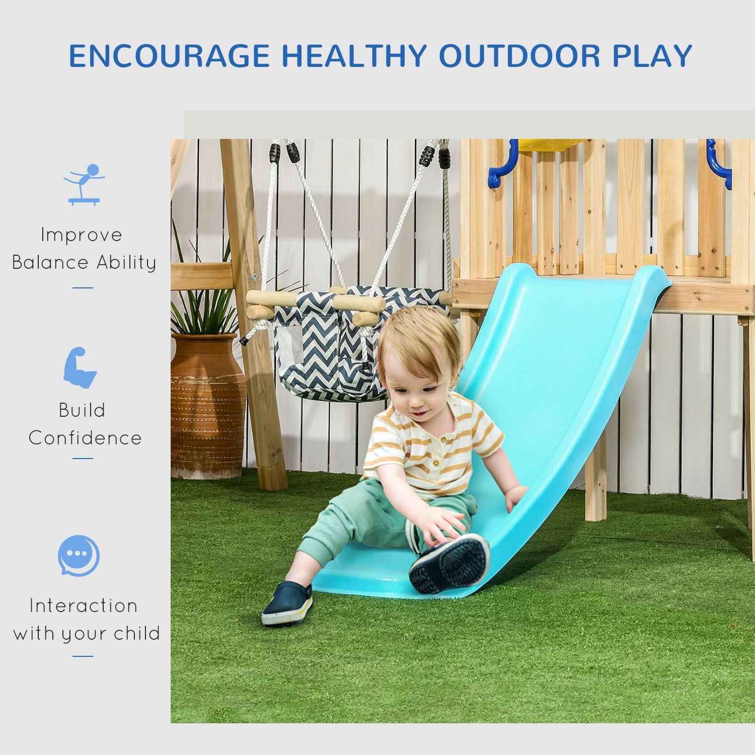 Doba 3-in-1 Wooden Swing Set with Slide, Swing Seat, Fort, Wheel, Telescope & Mailbox, for 1.5-4 Years Old, Children's Outdoor Toys