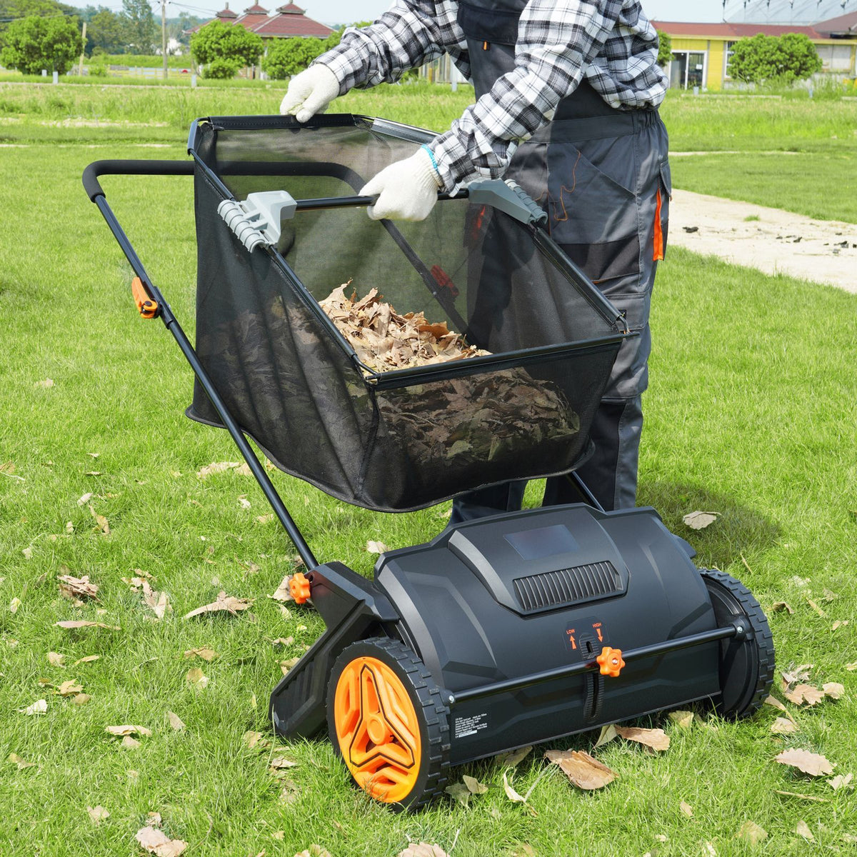 Doba Push Lawn Sweeper, 21inch Leaf & Grass Collector, Strong Plastic Wheels & Heavy Duty Thickened Steel Durable to Use with Large Capacity 3.5 cu. ft. Mesh Collection Hopper Bag, 2 Spinning Brushes