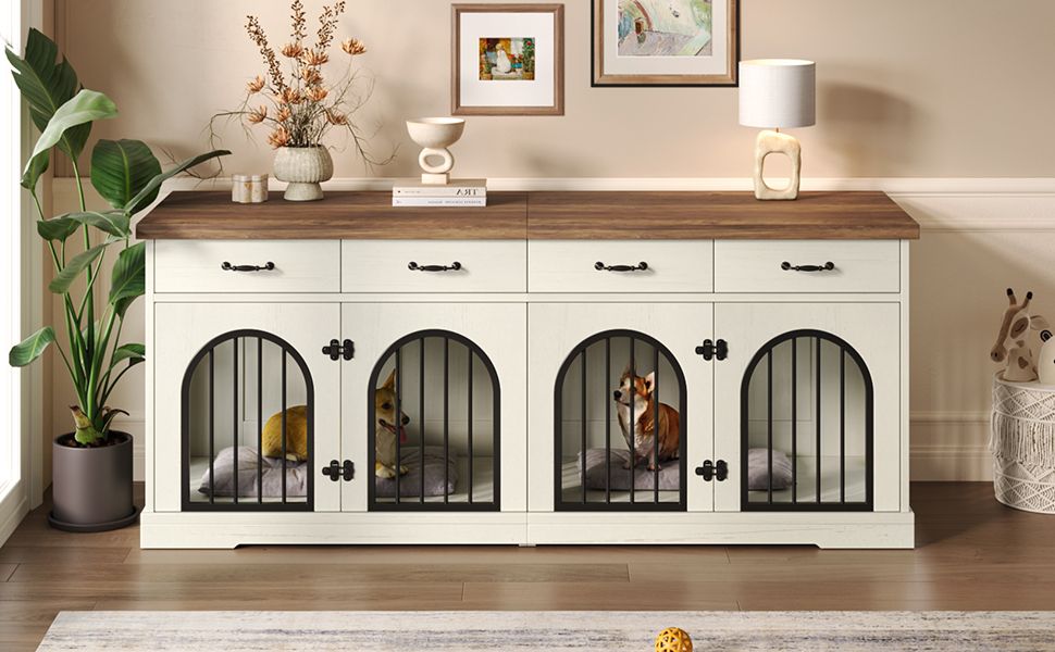 Doba 70.8" Large Dog Crate Furniture for 2 Dogs, Dog Kennel Indoor with Removable Divider Door and 4 Storage Drawers, End Table, Dog Crate TV Stand with 4 Doors for Medium Small Dogs, White and Brown