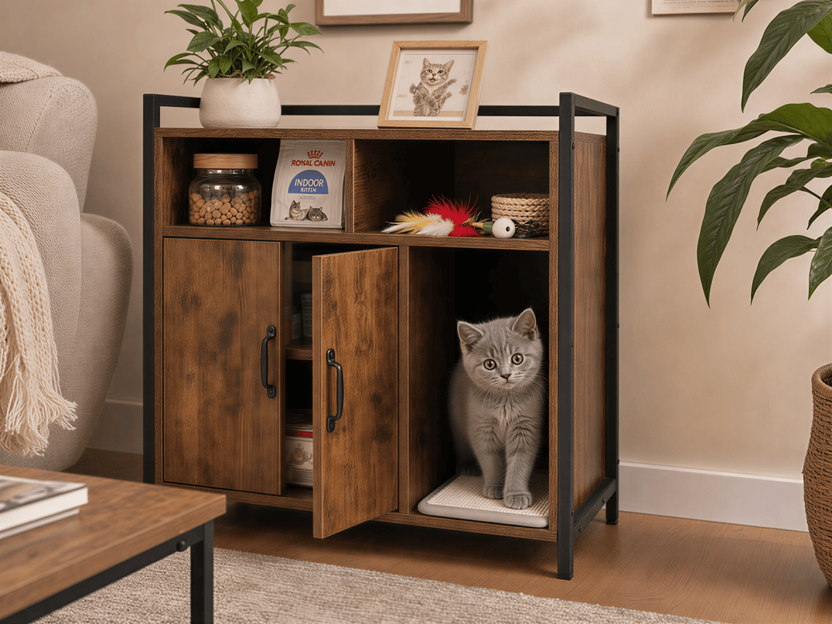 Doba Rustic Brown Wooden Cat Litter Box Enclosure, Spacious Hidden Cat Litter Box with Scratching Mat Furniture for Bedroom, Bathroom, Living Room-31.9"x17.7"x31.4", 61 lbs as Pic