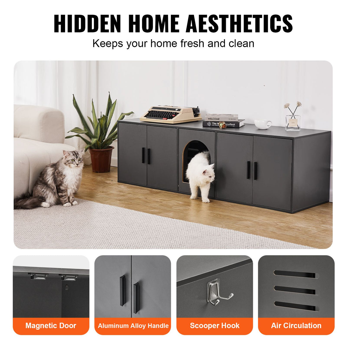 Doba Cat Litter Box Enclosure for 2 Cats, Litter Box Furniture Hidden with Double Rooms, Wooden Cat Box Cabinet Fit Most of Litter Box, 57.9"L x 18.3"W x 17.9"H, Black