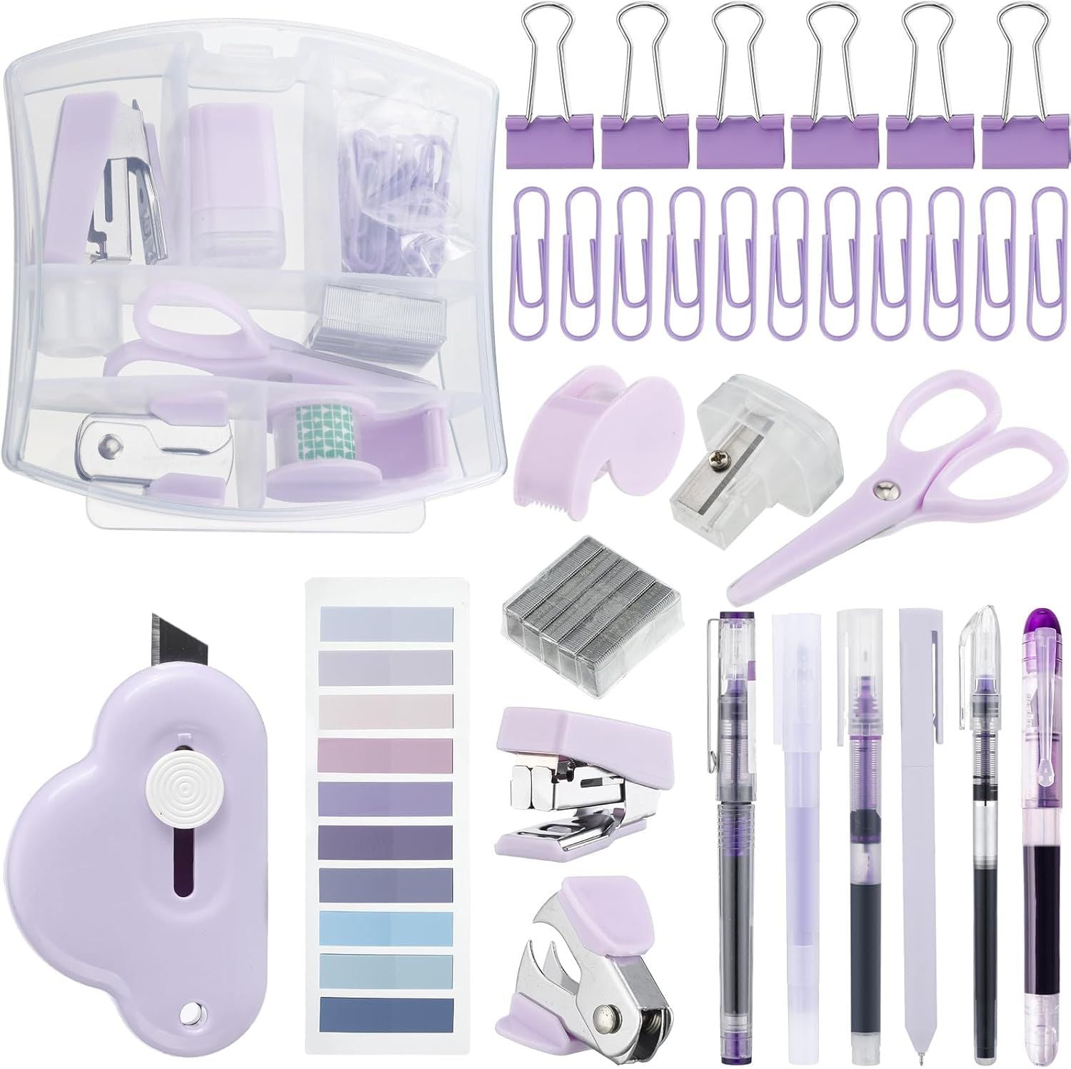 Doba Mini Office Supply Kit Includes Stapler Tape Dispenser Staple Remover Paper Clips Scissor Staples Pen Sharpener Note Small Telescopic Knife for Office and School Clerk Student (Purple) Purple