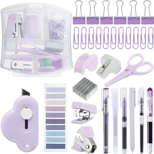 Doba Mini Office Supply Kit Includes Stapler Tape Dispenser Staple Remover Paper Clips Scissor Staples Pen Sharpener Note Small Telescopic Knife for Office and School Clerk Student (Purple) Purple