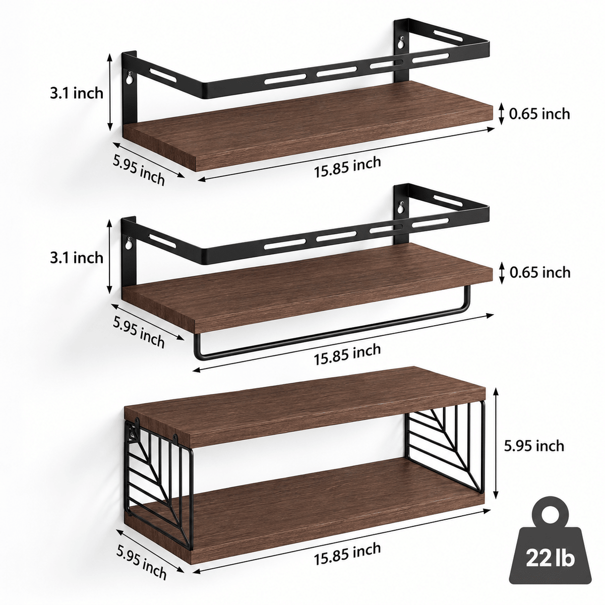 Doba 3-Piece Floating Wall Shelves Set, Rustic Brown Wood Wall Mounted Shelves with Towel Bar and Metal Guardrails, 22 lb Capacity Per Shelf, 15.85 x 5.95 Inch