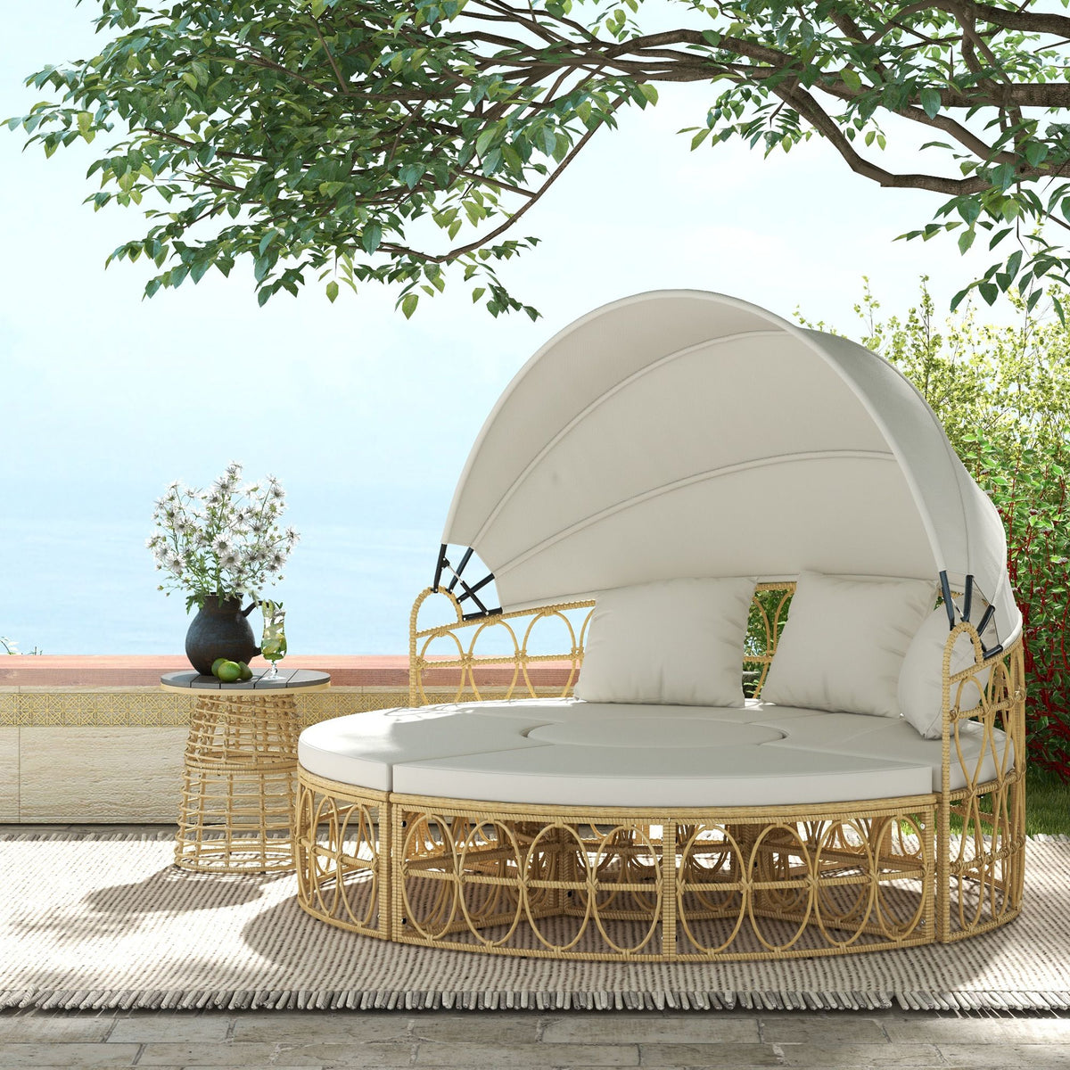 Doba Patio Furniture Set, Round Outdoor Daybed with Retractable Canopy, Hollow Wicker PE Rattan Sectional Sofa with Cushions for Pool, Lawn, Beige