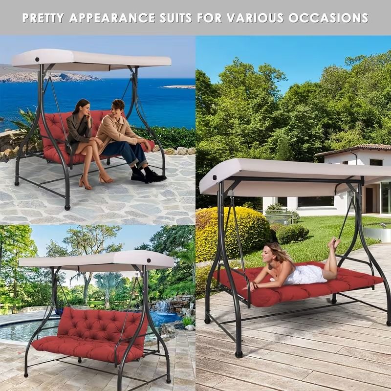 Doba 60 x 40 x 5 Inch Outdoor Porch Swing Cushion, 3 Seat Patio Swing Cushion with Backrest and Ties, Thick Waterproof Swing Bench Cushion for Lawn, Garden and Patio Furniture, Red