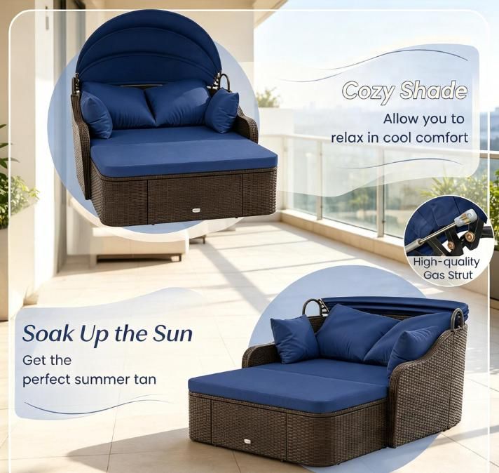 Doba Patio PE Rattan Daybed Outdoor Sofa Set with Retractable Canopy Soft Cushions Comfortable Relaxing Garden Furniture