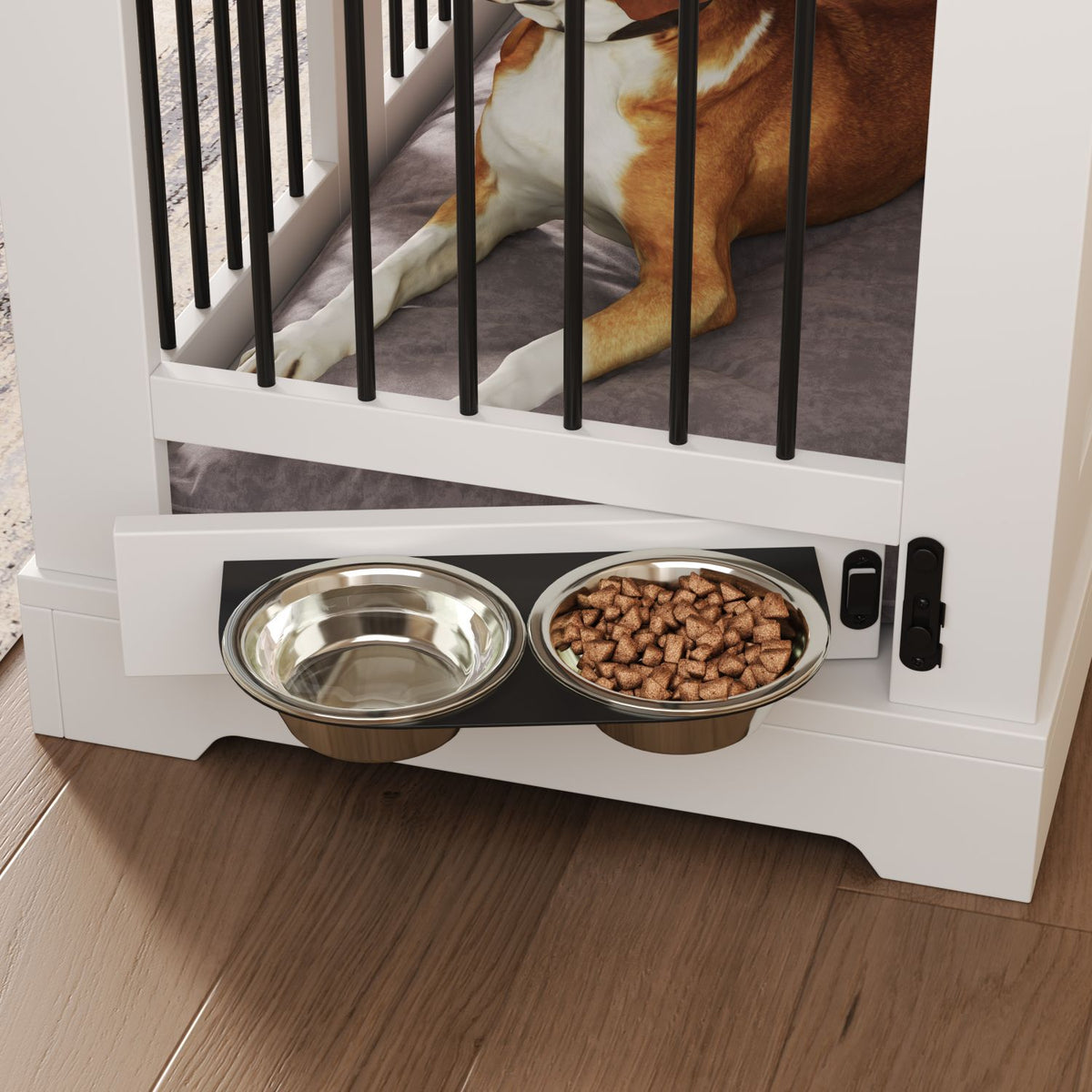 Doba 43.3" Farmhouse Dog Crate Furniture, Wooden Dog Kennel with 2 Storage Drawers and Rotating Food Bowls, Secure Metal Bar Crate for Lage & Medium Dogs, Indoor Dog Crate Side Table, White and Brown