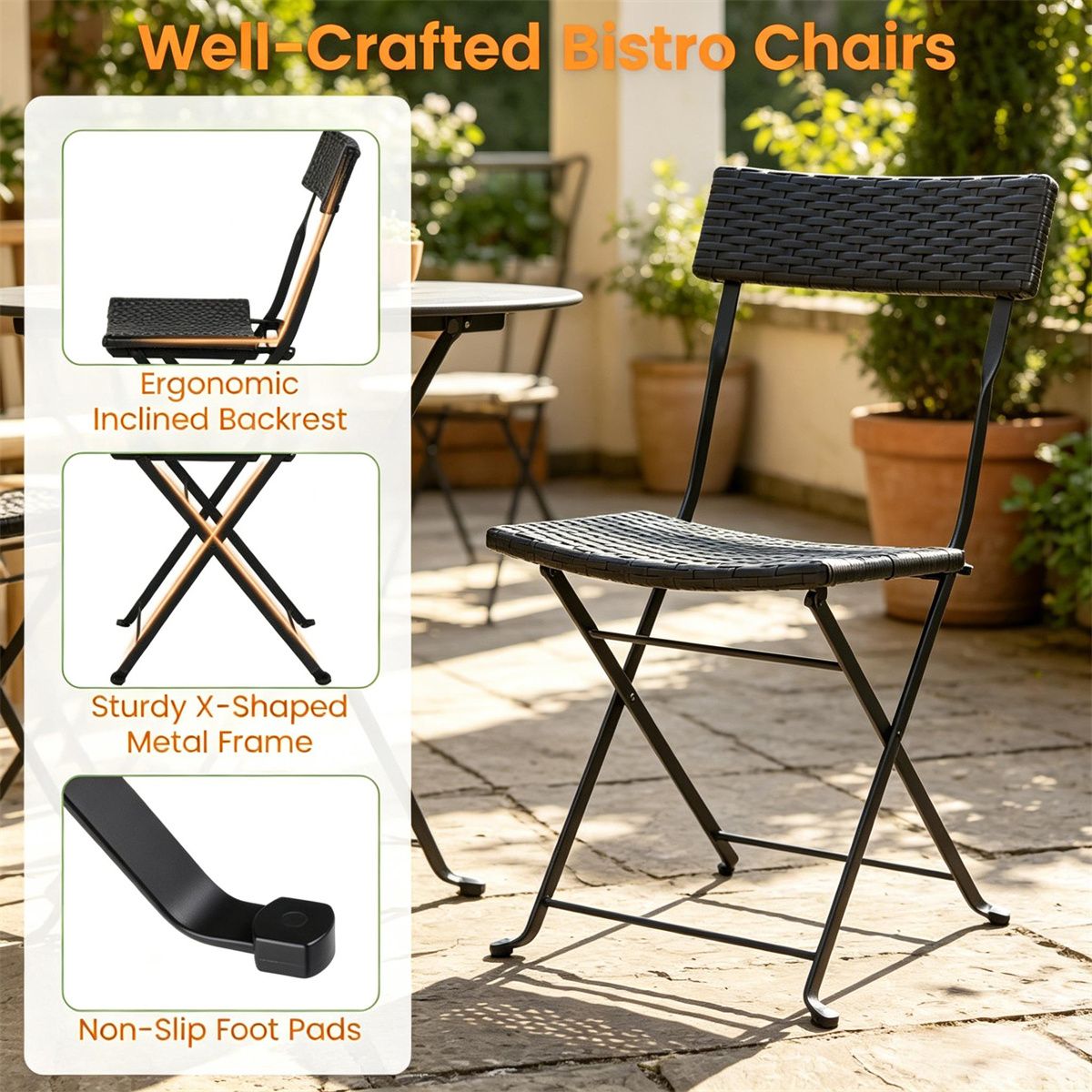 Doba 3 Piece Folding PE Rattan Bistro Set, Black Wicker Patio Dining Set with 1 Coffee Table & 2 Ergonomic Chairs, Foldable Outdoor Furniture for Garden Backyard Poolside