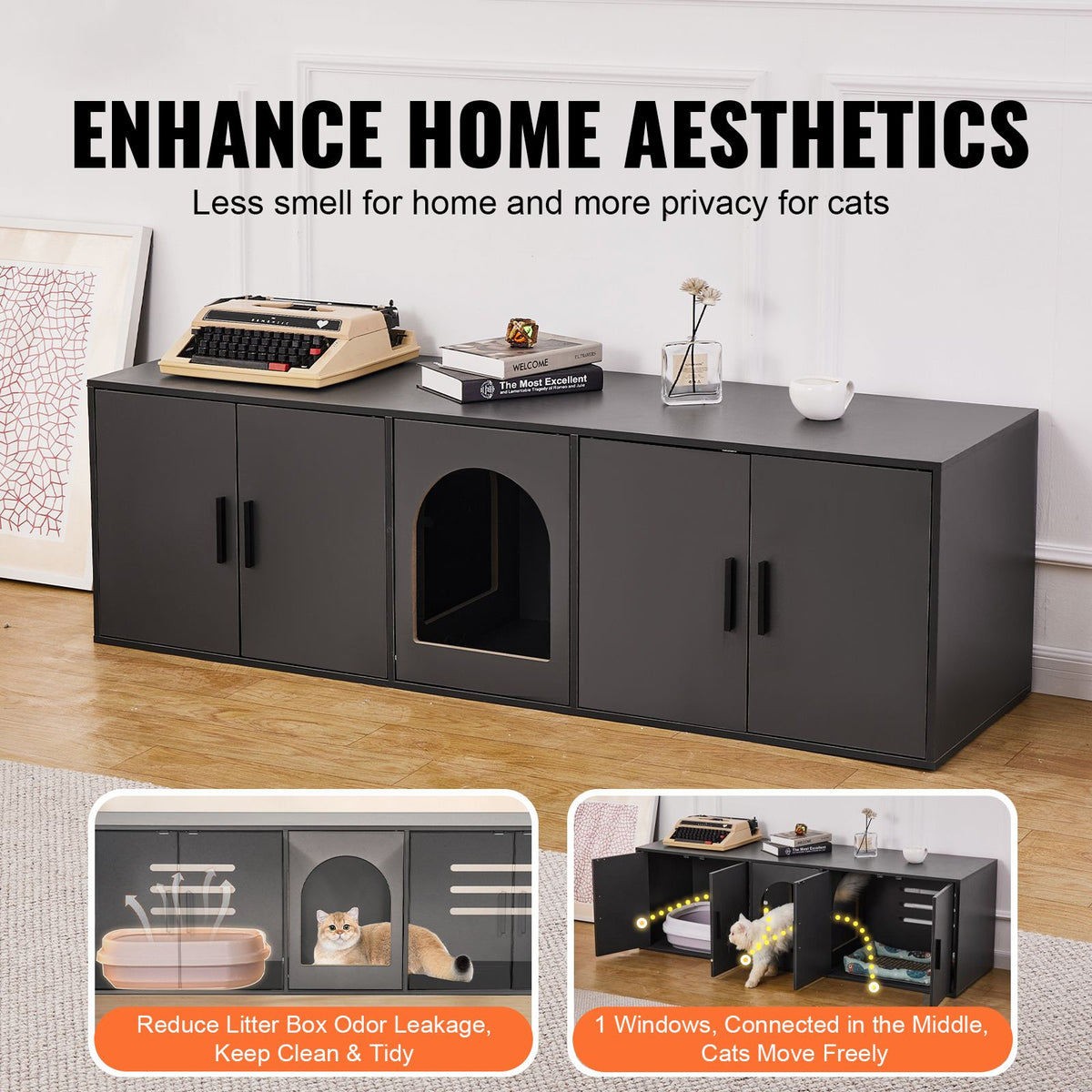 Doba Cat Litter Box Enclosure for 2 Cats, Litter Box Furniture Hidden with Double Rooms, Wooden Cat Box Cabinet Fit Most of Litter Box, 57.9"L x 18.3"W x 17.9"H, Black