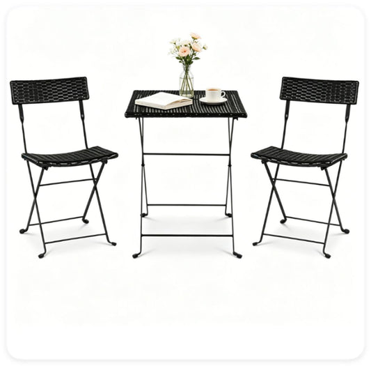 Doba 3 Piece Folding PE Rattan Bistro Set, Black Wicker Patio Dining Set with 1 Coffee Table & 2 Ergonomic Chairs, Foldable Outdoor Furniture for Garden Backyard Poolside default title