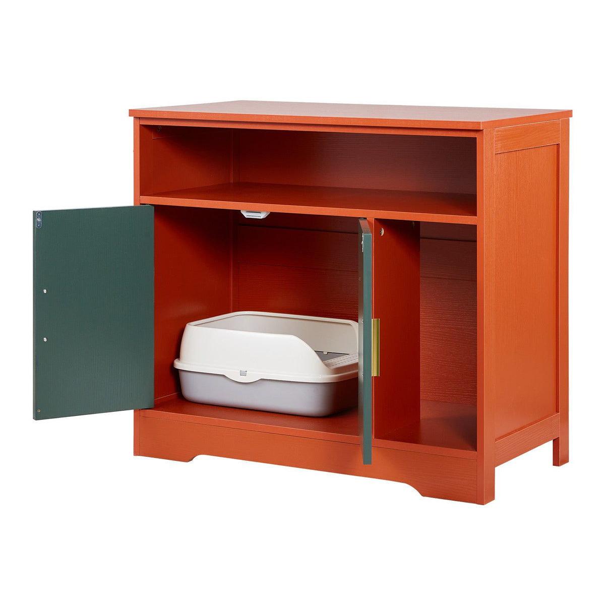 Doba Cat Litter Box Enclosure, 31 in Hidden Litter Box Cabinet with Shelf & Storage, Modern Style Indoor Cat Washroom, Wooden Kitty House Furniture End Table, Fit Most Litterboxes, Red & Green