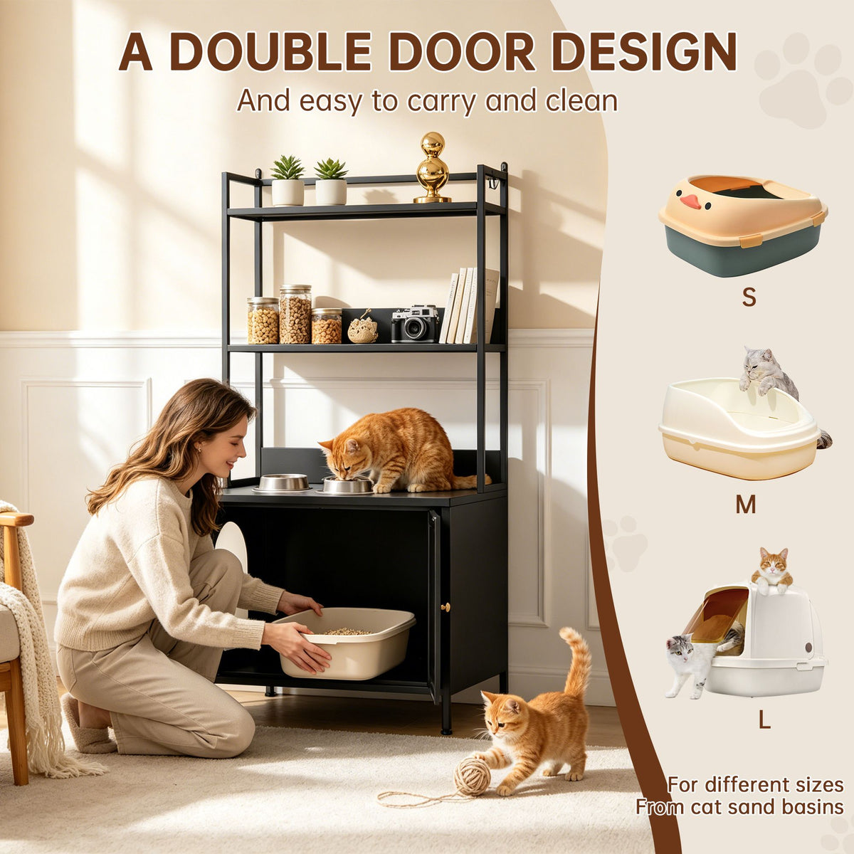 Doba Metal Cat Litter Box Enclosure, 57" Tall Hidden Litter Box Cabinet with 3 Tier Storage Shelves, Large Indoor Cat House with Doors & 4 S-Hooks, Odor Control Pet Washroom Furniture for Large Cats, Black