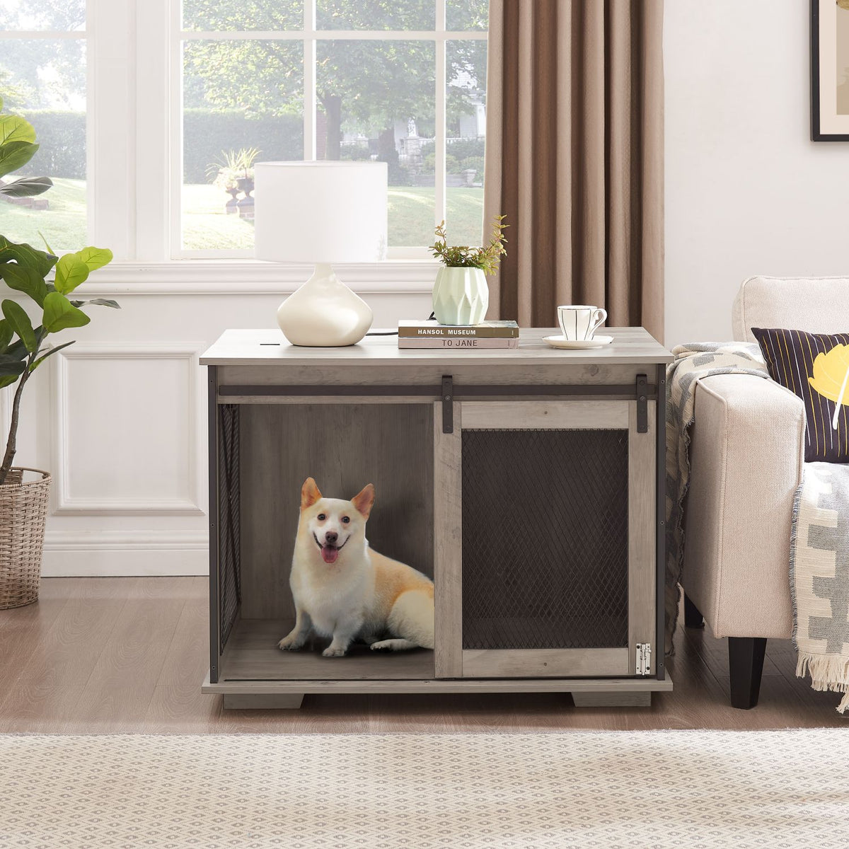 Doba Farmhouse Dog Cage Crate Furniture with Sliding Barn Door, Farmhouse Wooden Dog Kennel End Table with Flip-top Plate Dog House with Detachable Divider for Small/Medium/Large Dog Gray