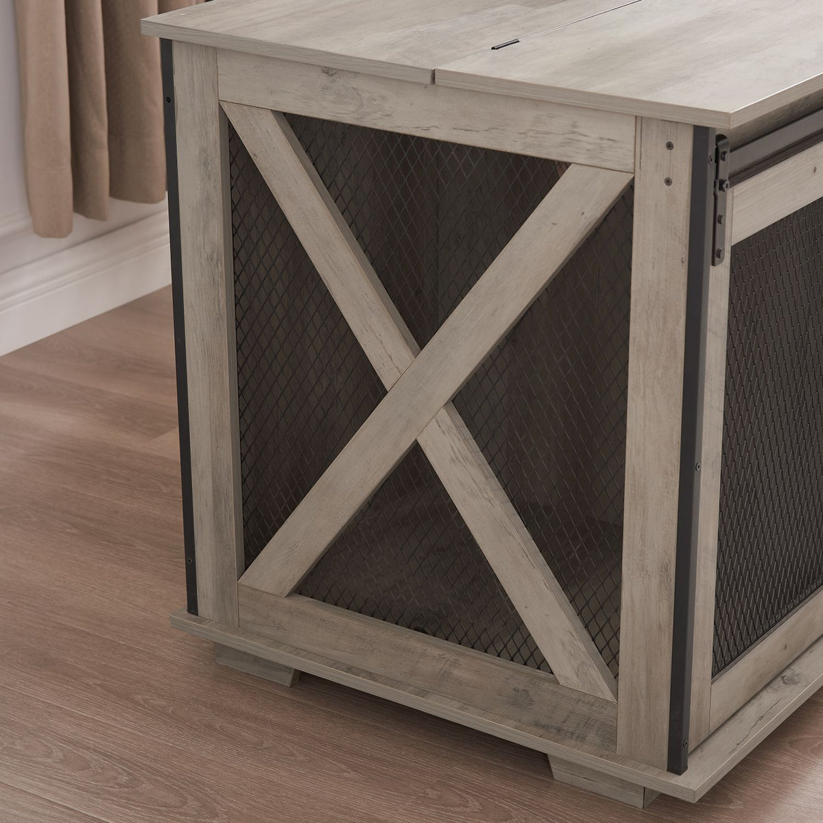 Doba Farmhouse Dog Cage Crate Furniture with Sliding Barn Door, Farmhouse Wooden Dog Kennel End Table with Flip-top Plate Dog House with Detachable Divider for Small/Medium/Large Dog Gray