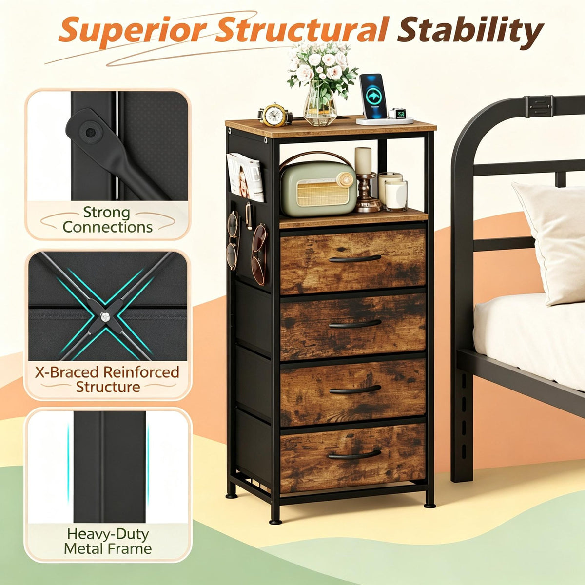 Doba Modern Nightstand with Integrated Charging Station Bedside Table 34" for Bedroom Furniture And Storage