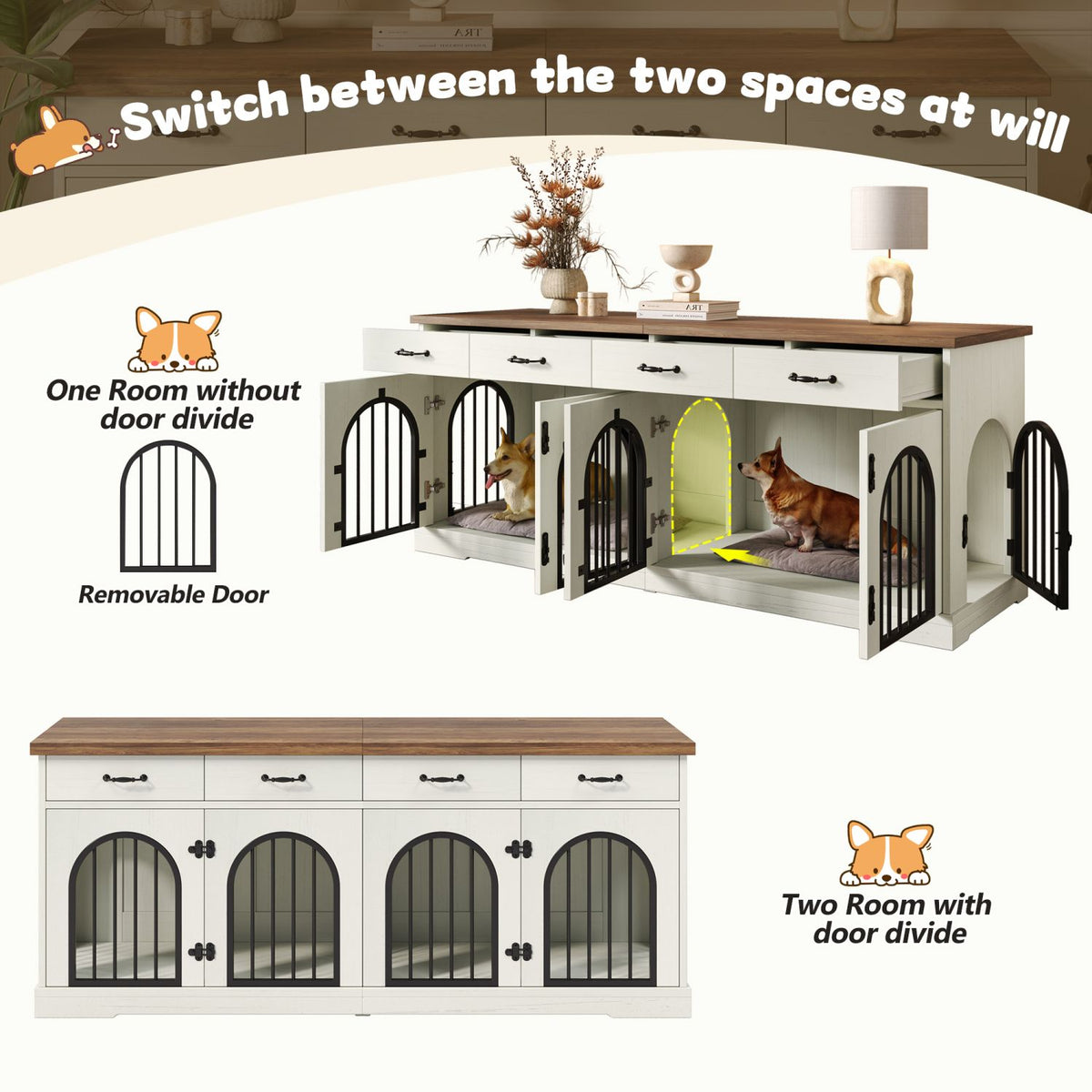 Doba 70.8" Large Dog Crate Furniture for 2 Dogs, Dog Kennel Indoor with Removable Divider Door and 4 Storage Drawers, End Table, Dog Crate TV Stand with 4 Doors for Medium Small Dogs, White and Brown