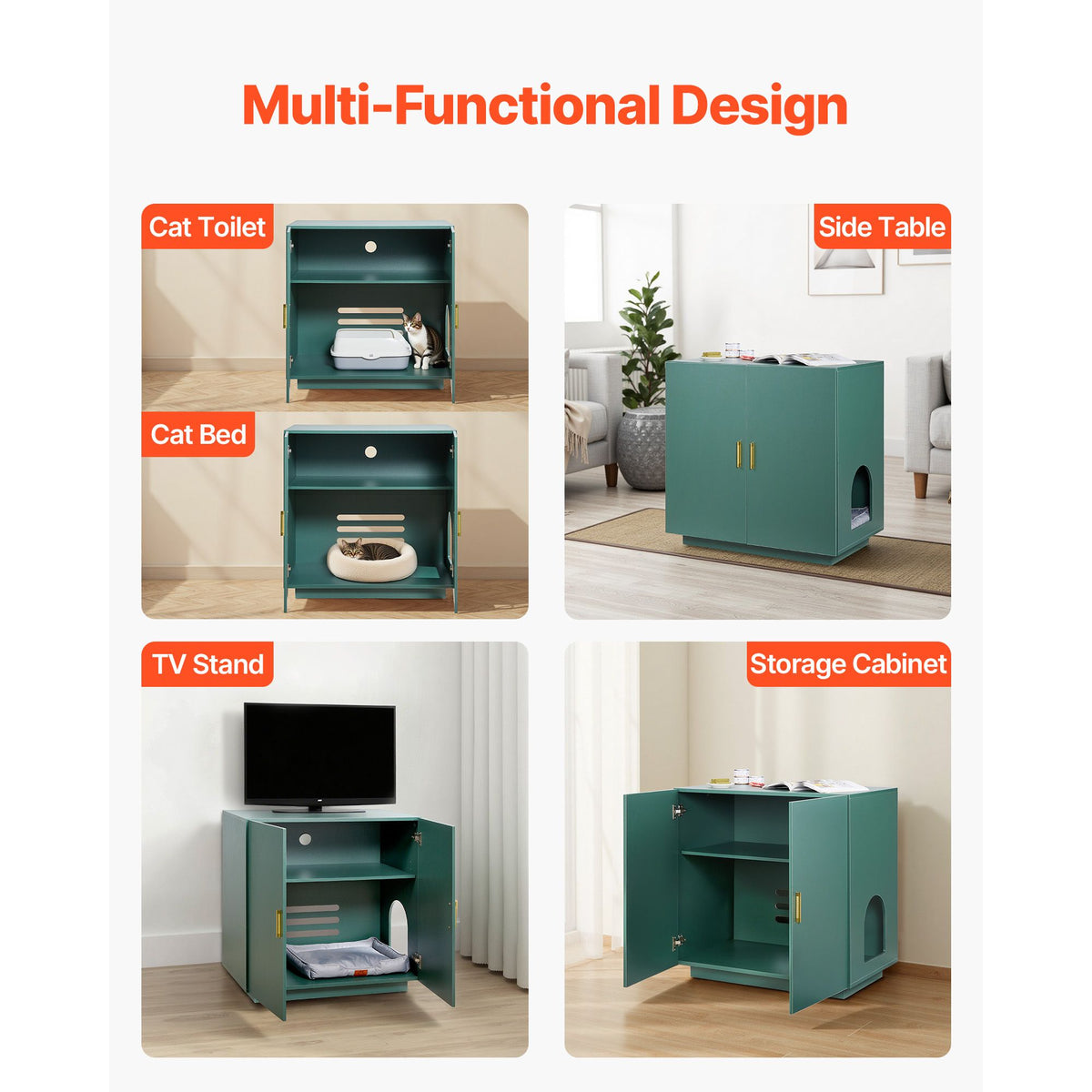 Doba Cat Litter Box Enclosure, 31.5 in Hidden Litter Box Cabinet, Wooden Indoor Cat Washroom with Ventilated Holes, Double-Door Kitty Pet House Furniture, End Side Table Fit Most Litterboxes