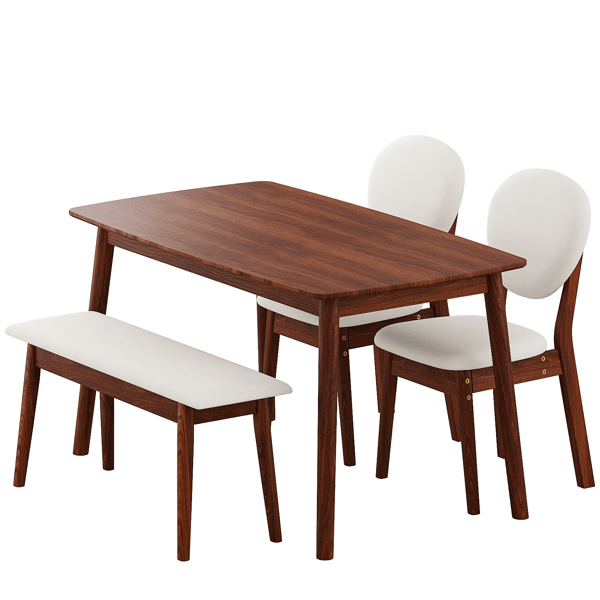 Doba 1 Table 2 Chairs 1 Bench Dining Set, Rubber Wood Frame with Beige Upholstered Seats, Deep Walnut Finish Rectangular Kitchen Dining Furniture default title