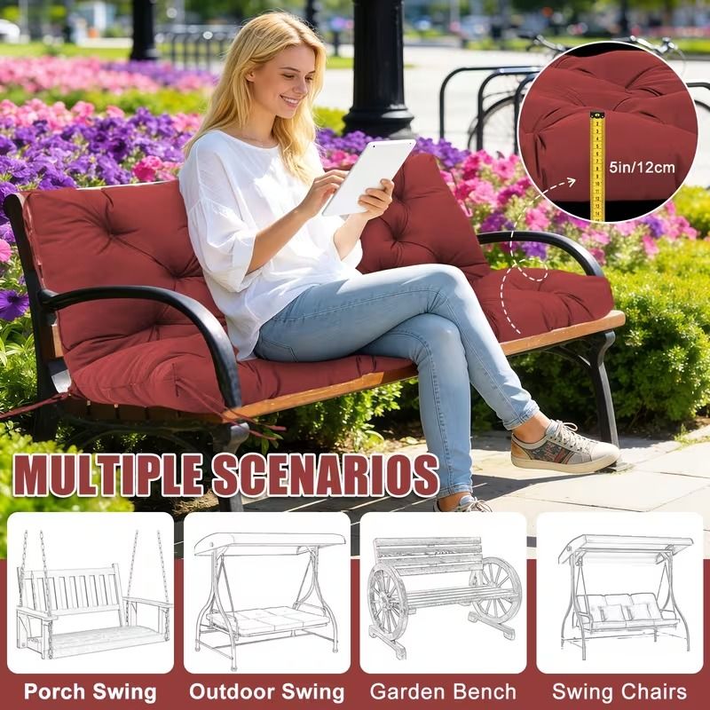 Doba 60 x 40 x 5 Inch Outdoor Porch Swing Cushion, 3 Seat Patio Swing Cushion with Backrest and Ties, Thick Waterproof Swing Bench Cushion for Lawn, Garden and Patio Furniture, Red