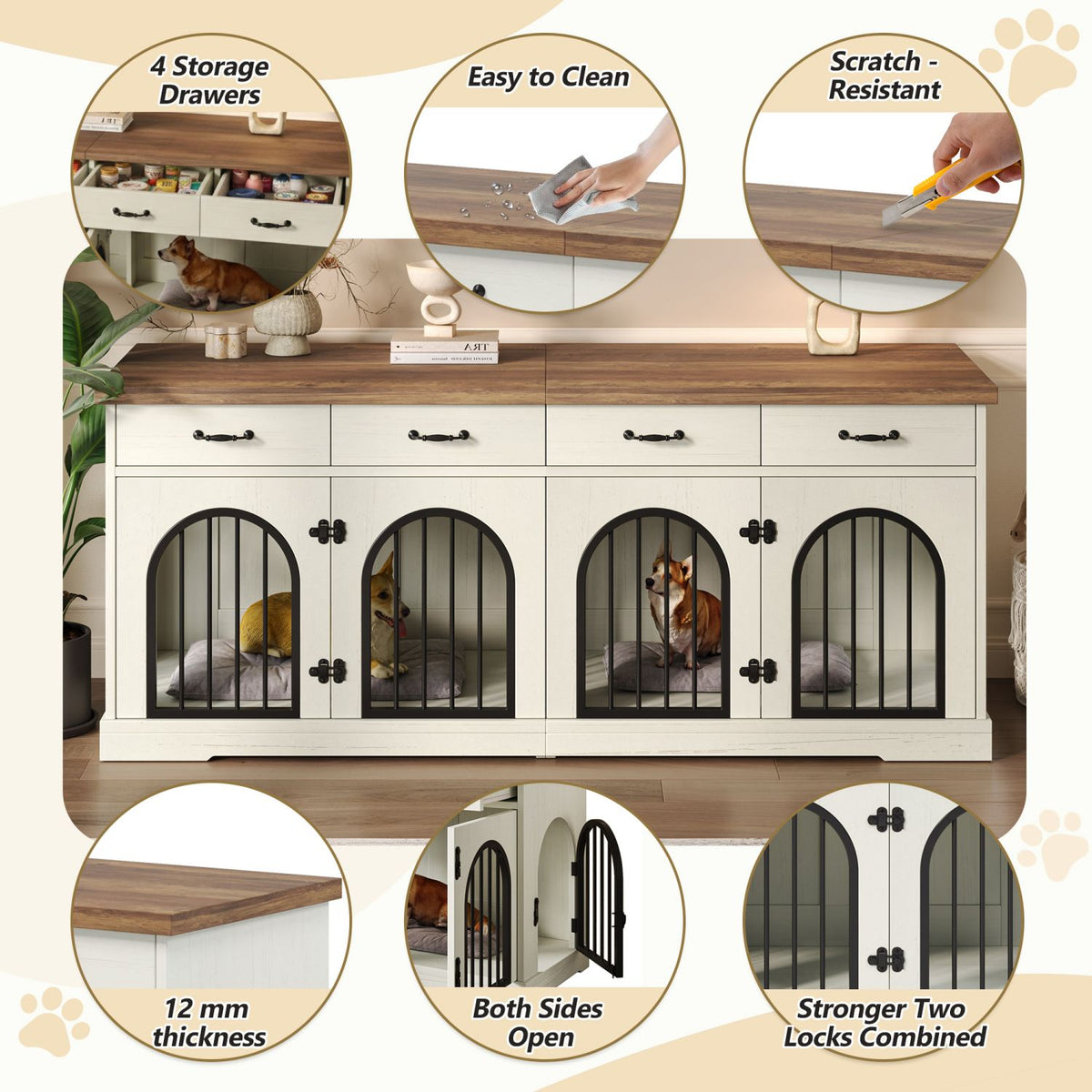 Doba 70.8" Large Dog Crate Furniture for 2 Dogs, Dog Kennel Indoor with Removable Divider Door and 4 Storage Drawers, End Table, Dog Crate TV Stand with 4 Doors for Medium Small Dogs, White and Brown