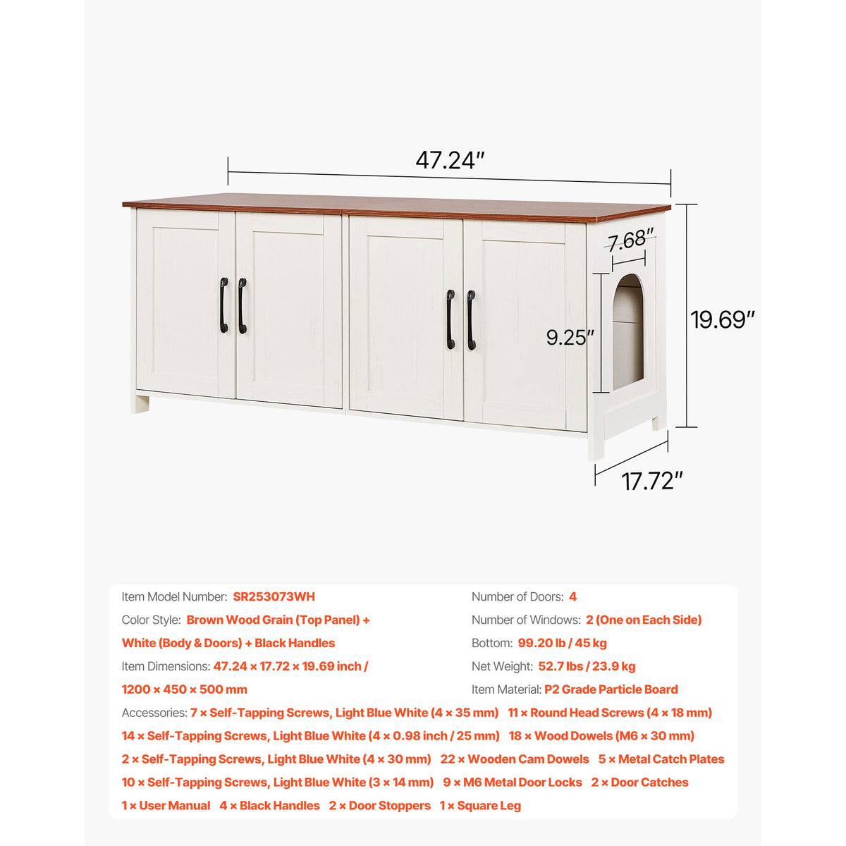 Doba Cat Litter Box Enclosure for Multi Cats, 47.2 in Hidden Litter Box Cabinet with 4 Doors & 2 Entries, Indoor Cat Washroom, Wooden Kitty House Furniture, Fit Most Litterboxes, Brown & White