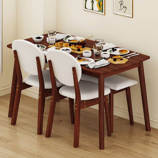 Doba 1 Table 2 Chairs 1 Bench Dining Set, Rubber Wood Frame with Beige Upholstered Seats, Deep Walnut Finish Rectangular Kitchen Dining Furniture
