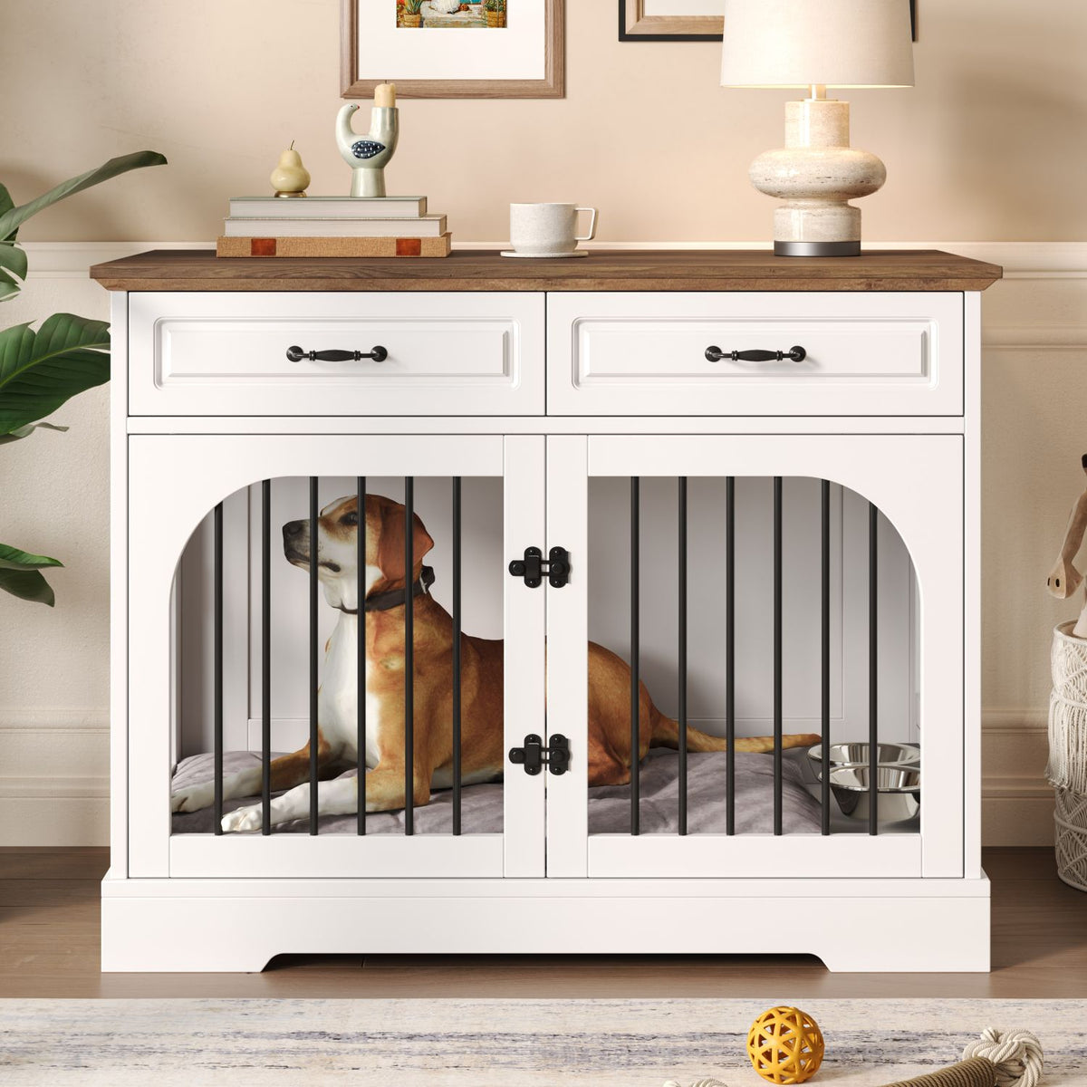 Doba 43.3" Farmhouse Dog Crate Furniture, Wooden Dog Kennel with 2 Storage Drawers and Rotating Food Bowls, Secure Metal Bar Crate for Lage & Medium Dogs, Indoor Dog Crate Side Table, White and Brown as Pic