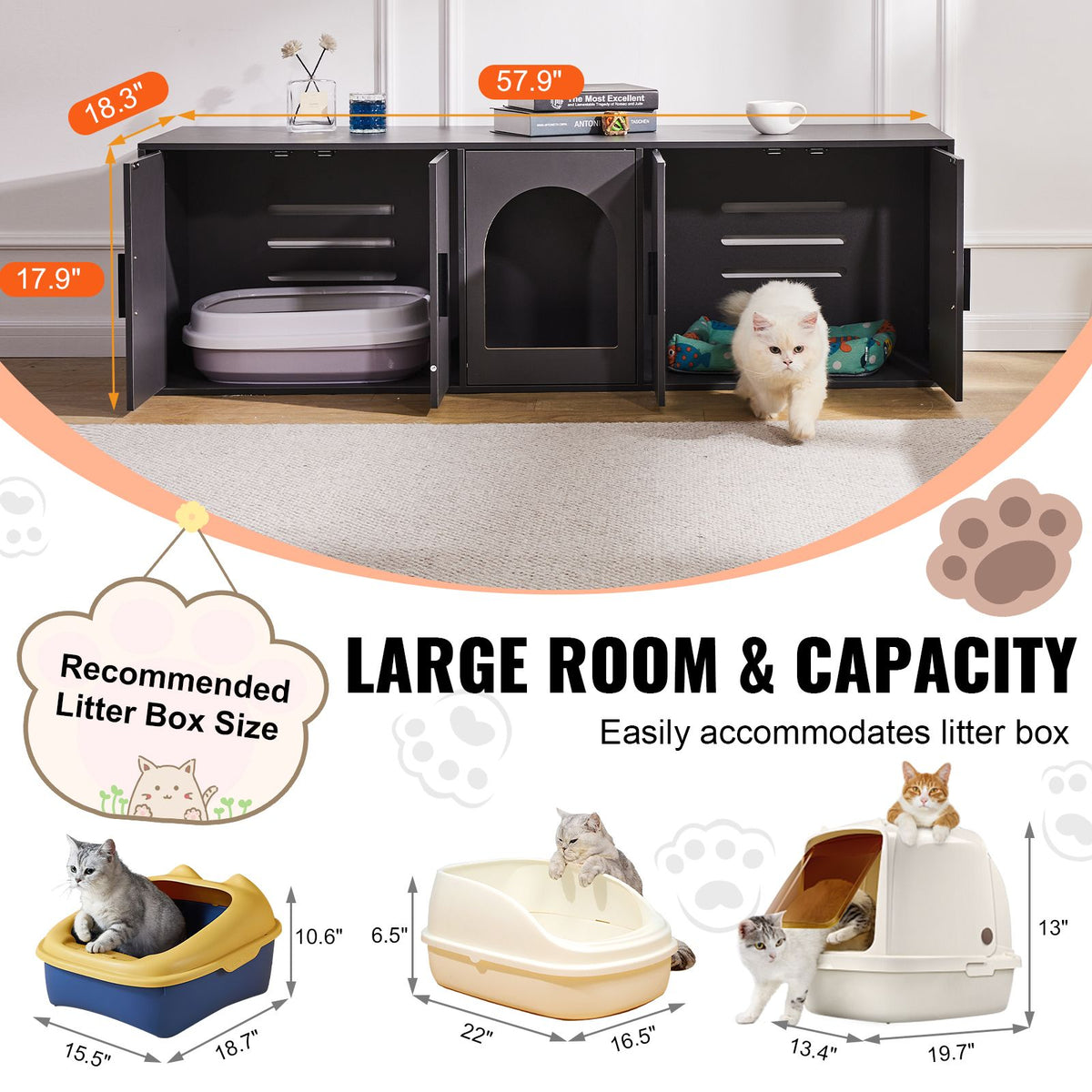 Doba Cat Litter Box Enclosure for 2 Cats, Litter Box Furniture Hidden with Double Rooms, Wooden Cat Box Cabinet Fit Most of Litter Box, 57.9"L x 18.3"W x 17.9"H, Black