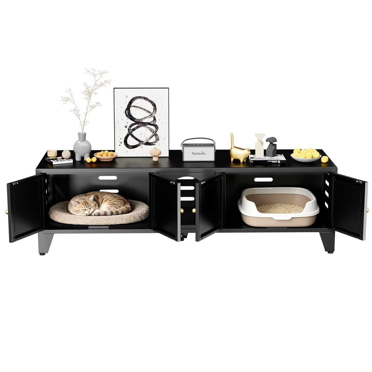 Doba 58" Metal Cat Litter Box Enclosure, Hidden Litter Box Furniture for 2 Cats, Large Indoor Cat House TV Stand Cabinet with Ventilation & 2 Compartments, Black Modern Pet Washroom with Adjustable Legs
