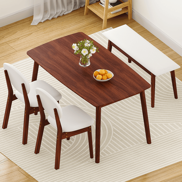Doba 1 Table 2 Chairs 1 Bench Dining Set, Rubber Wood Frame with Beige Upholstered Seats, Deep Walnut Finish Rectangular Kitchen Dining Furniture