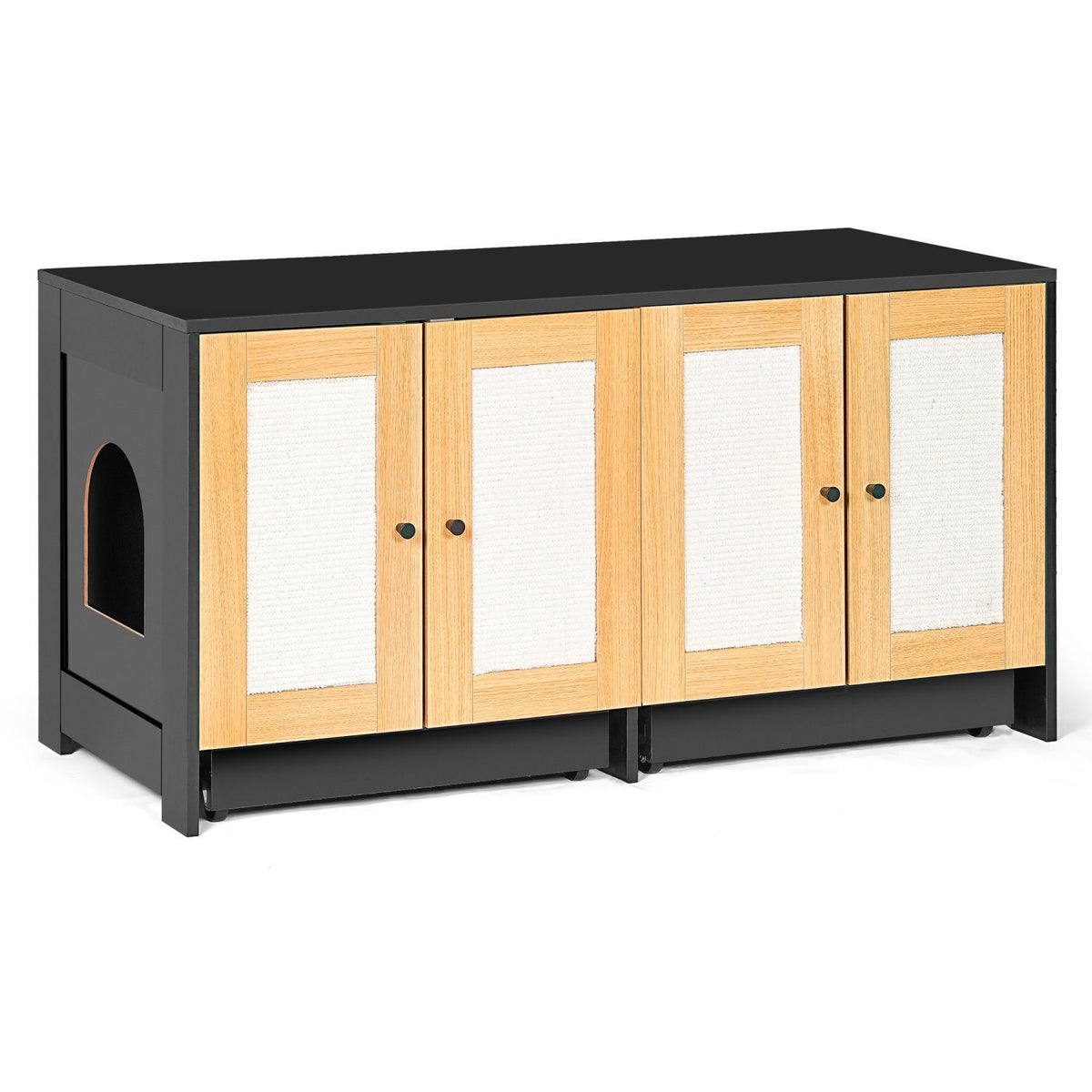 Doba Double Litter Box Enclosure,Cat Litter Box Enclosure for 2 Cats, Hidden Litter Box Furniture with Rattan Doors, 47" L x 19.8" W x 21.8" H,Black