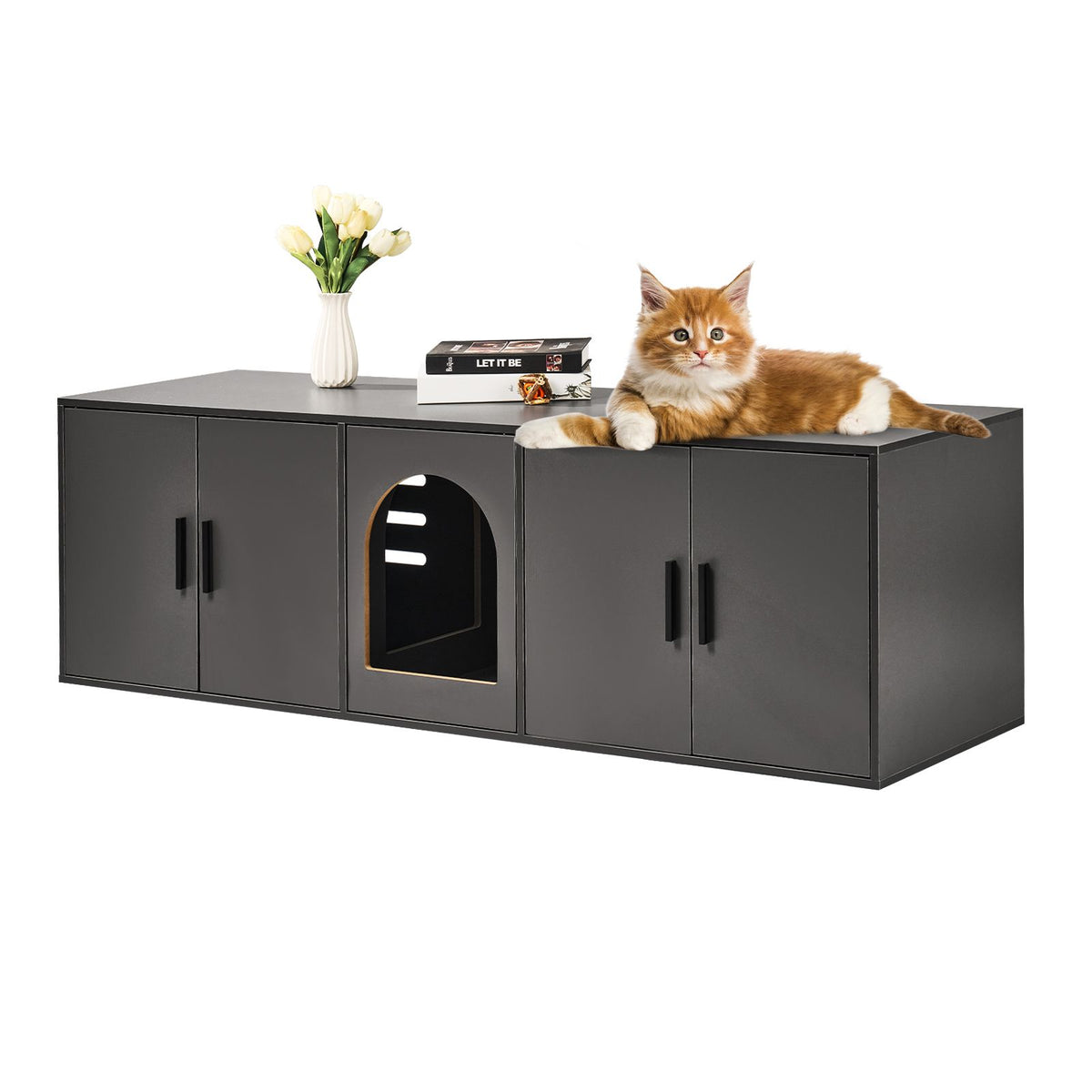 Doba Cat Litter Box Enclosure for 2 Cats, Litter Box Furniture Hidden with Double Rooms, Wooden Cat Box Cabinet Fit Most of Litter Box, 57.9"L x 18.3"W x 17.9"H, Black