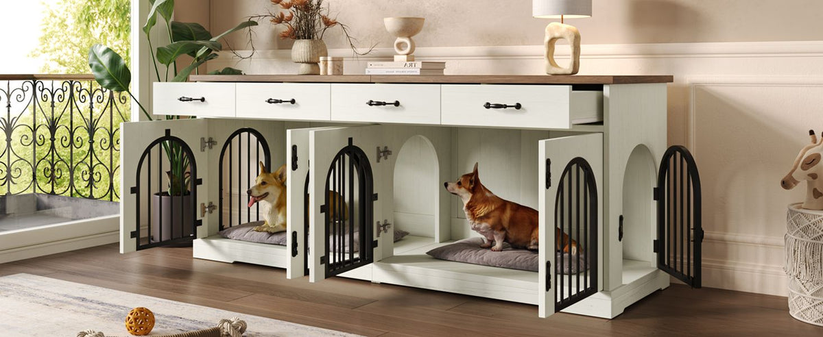 Doba 70.8" Large Dog Crate Furniture for 2 Dogs, Dog Kennel Indoor with Removable Divider Door and 4 Storage Drawers, End Table, Dog Crate TV Stand with 4 Doors for Medium Small Dogs, White and Brown