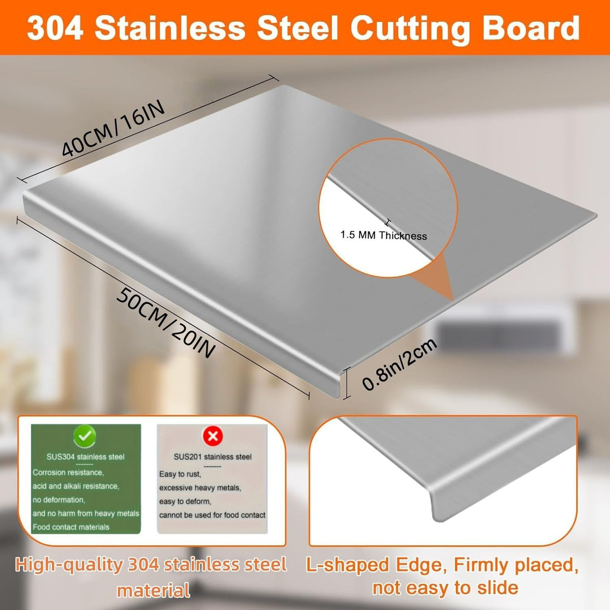 Doba XXL 304 Stainless Steel Cutting Board Anti-Slip & Mildew-Proof! No More Moldy Wooden Boards | Heavy-Duty & Food-Safe, Easy to Clean – Chop Meat, Knead Dough, Bake Prep All-in-One | Must-Have for Hom 40CM*50CM