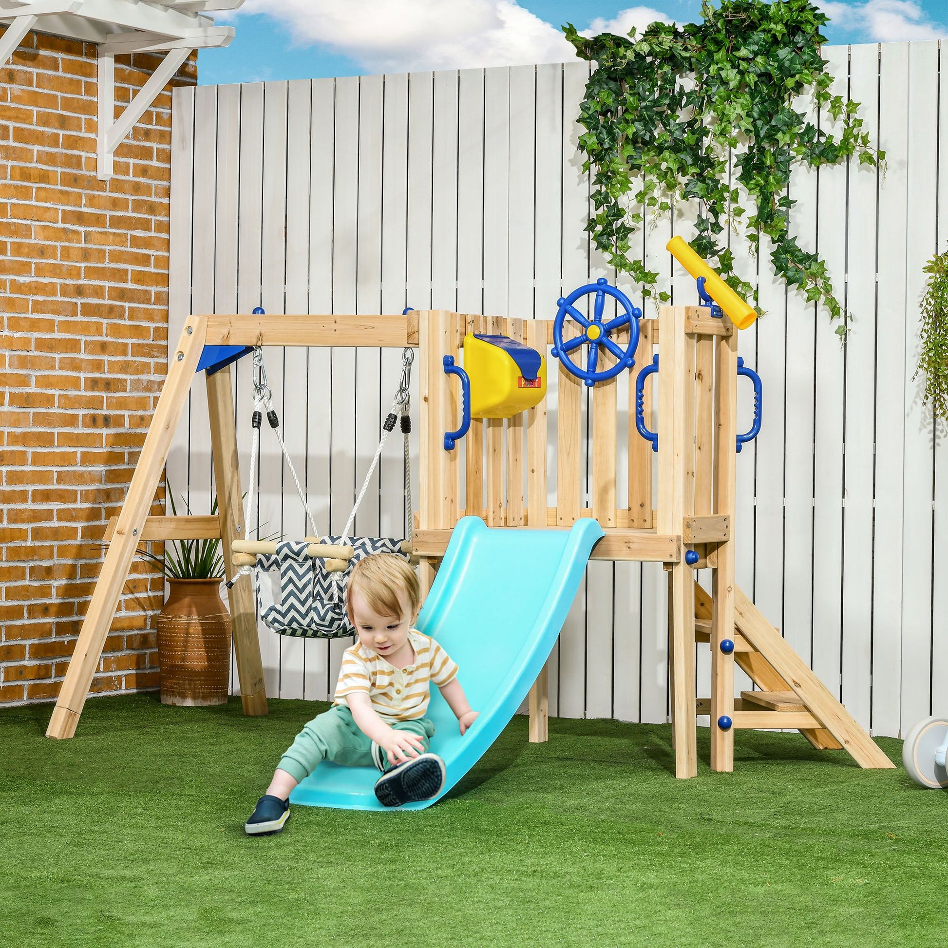 Doba 3-in-1 Wooden Swing Set with Slide, Swing Seat, Fort, Wheel, Telescope & Mailbox, for 1.5-4 Years Old, Children's Outdoor Toys