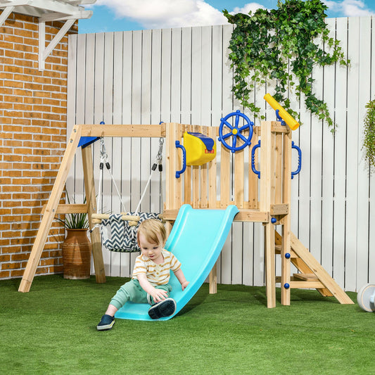 Doba 3-in-1 Wooden Swing Set with Slide, Swing Seat, Fort, Wheel, Telescope & Mailbox, for 1.5-4 Years Old, Children's Outdoor Toys