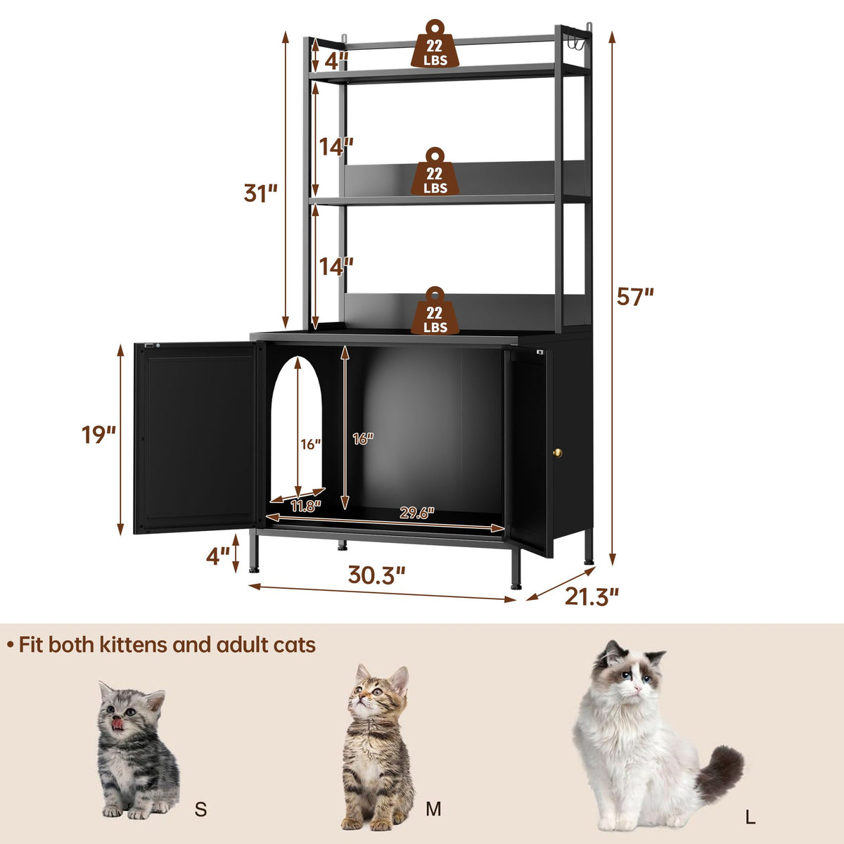 Doba Metal Cat Litter Box Enclosure, 57" Tall Hidden Litter Box Cabinet with 3 Tier Storage Shelves, Large Indoor Cat House with Doors & 4 S-Hooks, Odor Control Pet Washroom Furniture for Large Cats, Black