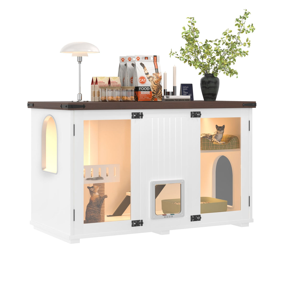 Doba 47.25" Large Cat Litter Box Enclosure with LED Light, Hidden Litter Box Furniture, Cat House with Stairs and Cat Scratching Post, Cat Cabinet Side Table with Smart Doors for Living Room