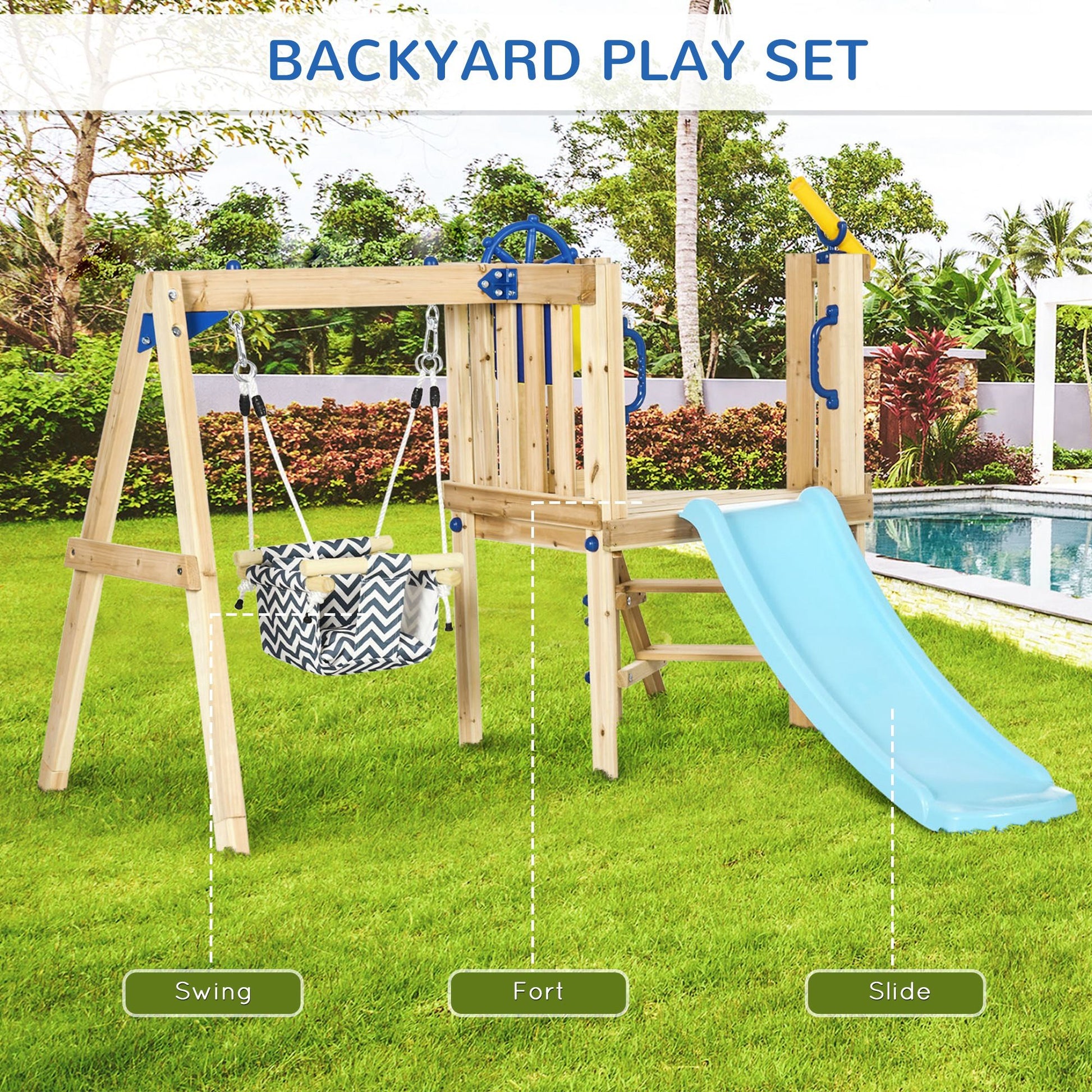 Doba 3-in-1 Wooden Swing Set with Slide, Swing Seat, Fort, Wheel, Telescope & Mailbox, for 1.5-4 Years Old, Children's Outdoor Toys