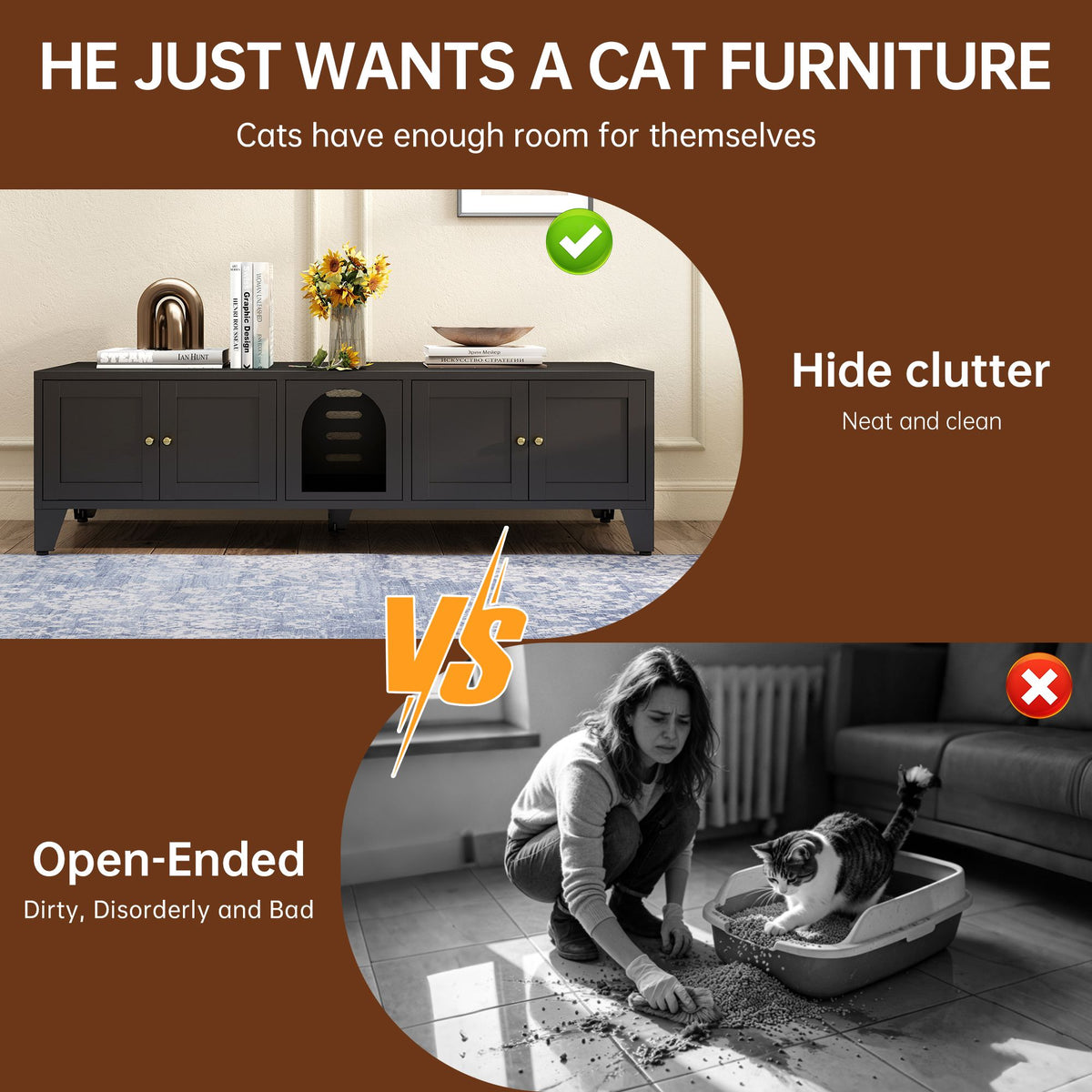 Doba 58" Metal Cat Litter Box Enclosure, Hidden Litter Box Furniture for 2 Cats, Large Indoor Cat House TV Stand Cabinet with Ventilation & 2 Compartments, Black Modern Pet Washroom with Adjustable Legs
