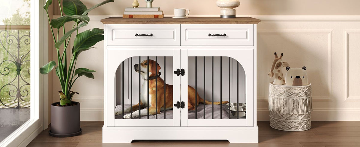Doba 43.3" Farmhouse Dog Crate Furniture, Wooden Dog Kennel with 2 Storage Drawers and Rotating Food Bowls, Secure Metal Bar Crate for Lage & Medium Dogs, Indoor Dog Crate Side Table, White and Brown