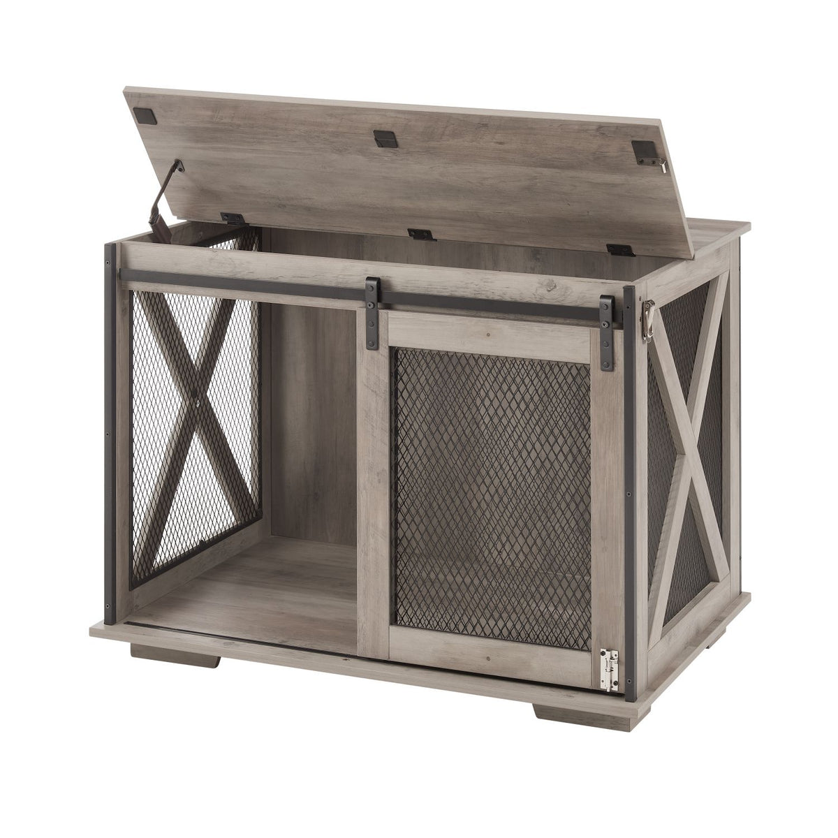 Doba Farmhouse Dog Cage Crate Furniture with Sliding Barn Door, Farmhouse Wooden Dog Kennel End Table with Flip-top Plate Dog House with Detachable Divider for Small/Medium/Large Dog Gray