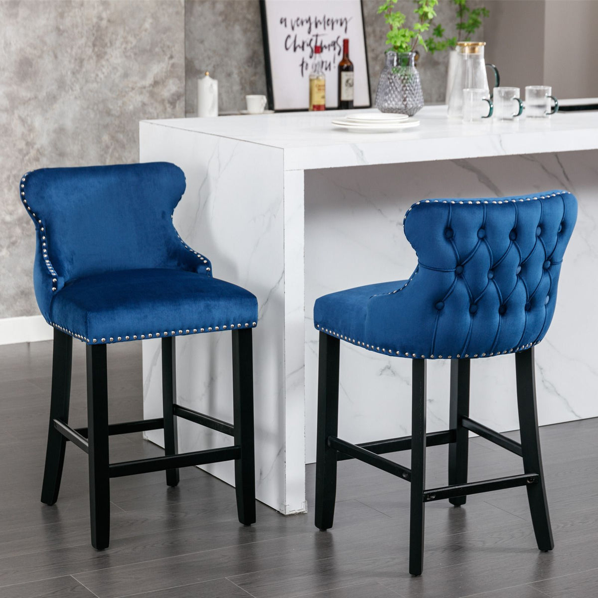 Doba A&A Furniture,Contemporary Velvet Upholstered Wing-Back Barstools with Button Tufted Decoration and Wooden Legs, and Chrome Nailhead Trim, Leisure Style Bar Chairs,Bar stools,Set of 2 (Blue),SW1824BL as Pic