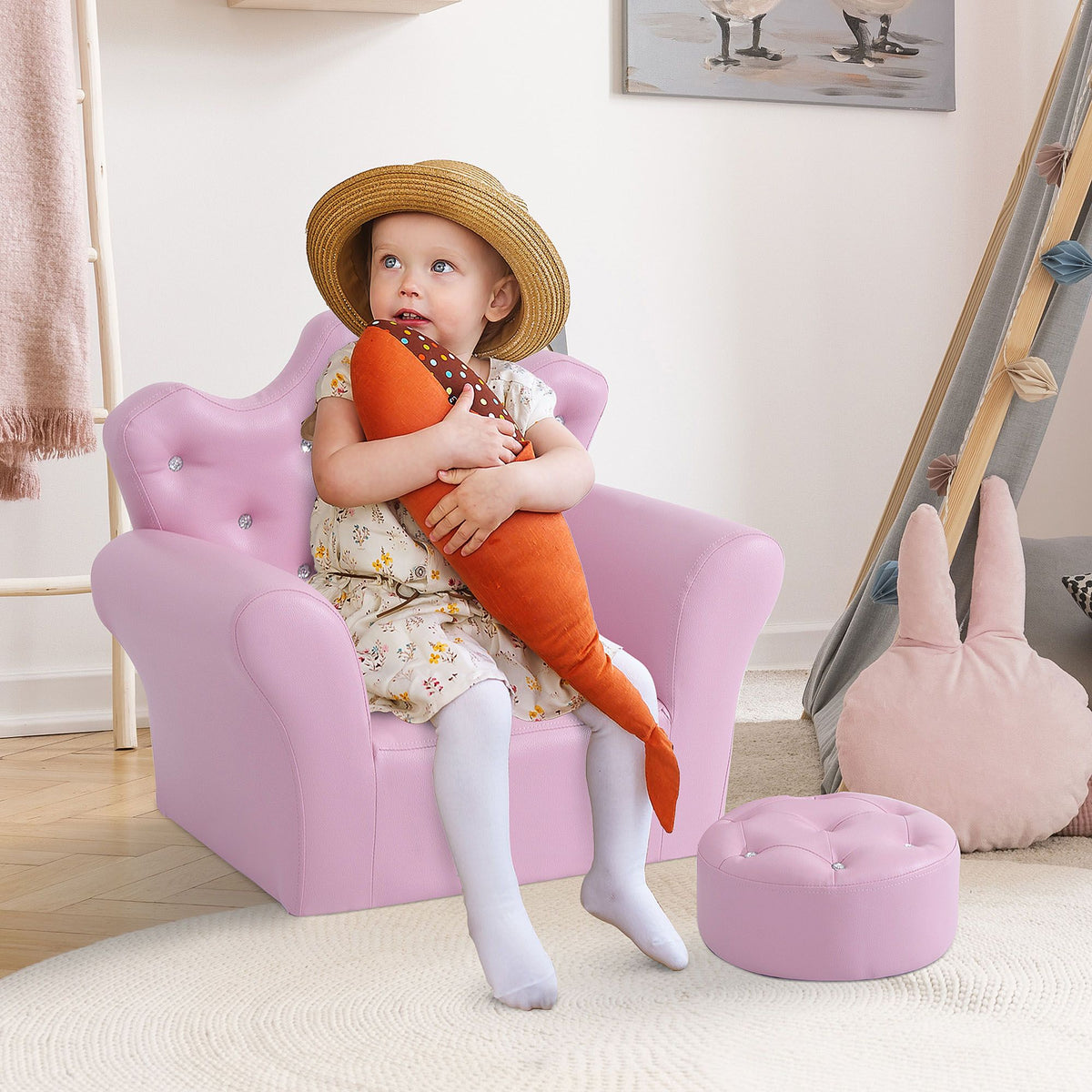 Doba Kids Sofa Set with Footstool, Princess Theme, Diamond Decoration - Cozy Furniture for Children