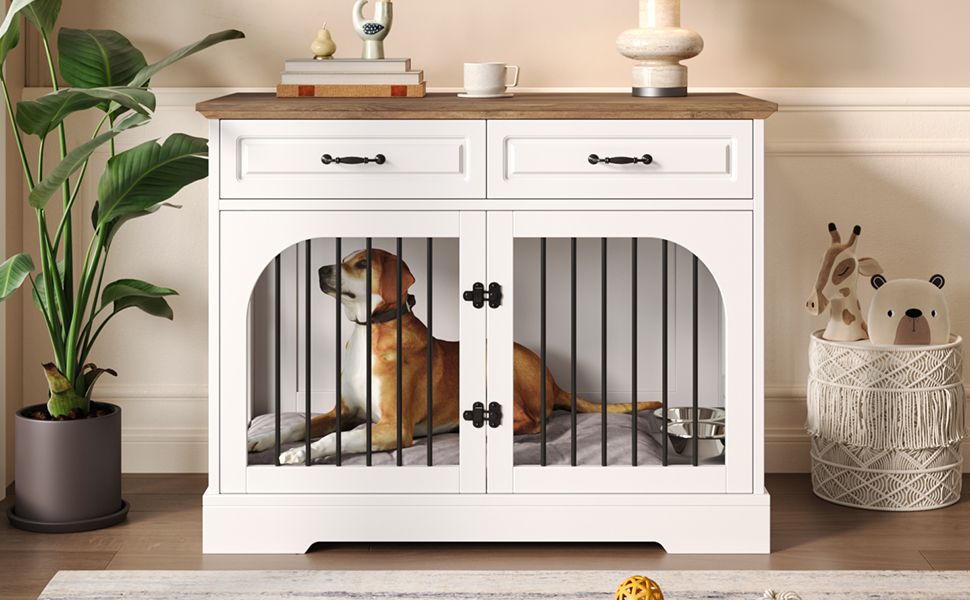 Doba 43.3" Farmhouse Dog Crate Furniture, Wooden Dog Kennel with 2 Storage Drawers and Rotating Food Bowls, Secure Metal Bar Crate for Lage & Medium Dogs, Indoor Dog Crate Side Table, White and Brown