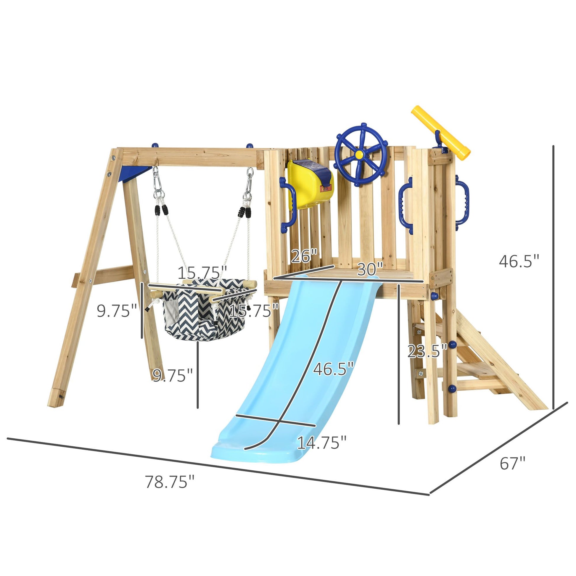 Doba 3-in-1 Wooden Swing Set with Slide, Swing Seat, Fort, Wheel, Telescope & Mailbox, for 1.5-4 Years Old, Children's Outdoor Toys