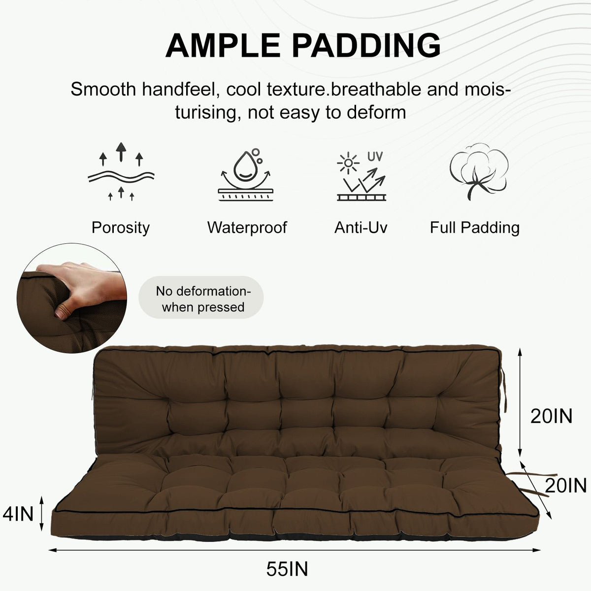 Doba Outdoor Swing Cushions 55 Inch, Waterproof 4" Thick Porch Swing Cushion Replacement with Backrest and Ties, Comfortable 2-3 Seat Pation Swing Pad for Backyard, Garden, Lawn, Outdoor Furniture coffee