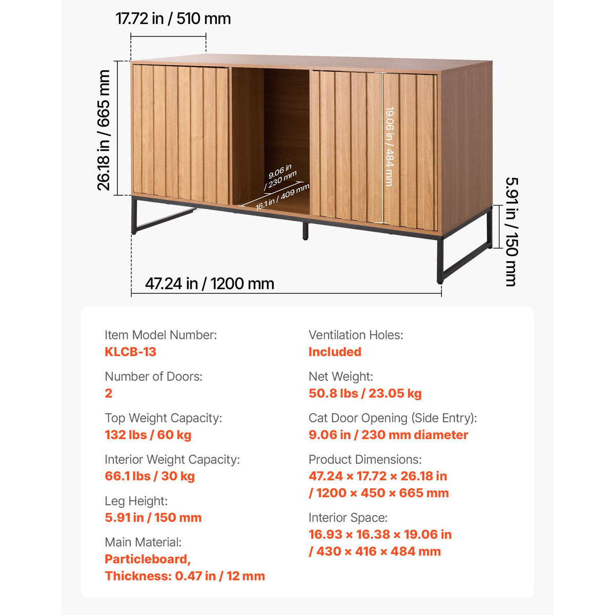Doba Cat Litter Box Enclosure Furniture, 47.2 in Hidden Litter Box Cabinet with Scratch Pad & Storage, Waterproof Cat Washroom End Table Cat House, Fit Most of Litterbox, for Bedroom Living Room